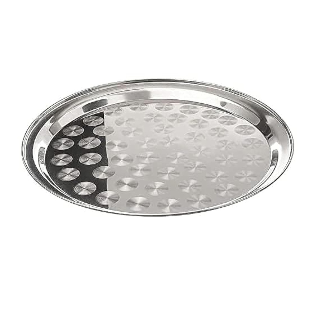 50cm Stainless Steel Serving Tray with Embossed Design - Elegant Round Platter for Parties, Catering, and Home Use