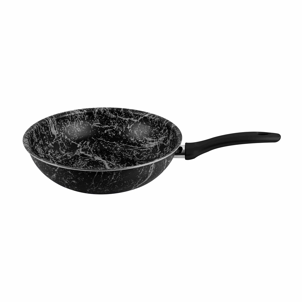 30cm Black Marble Effect Wok Pan with Ergonomic Handle - Stylish Kitchen Cookware