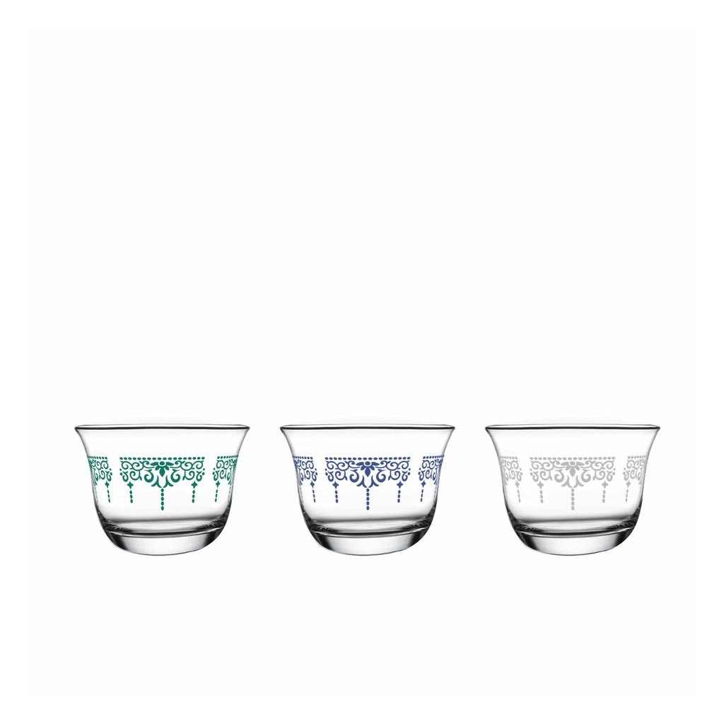 Elegant Glass Coffee Cups Set of 3 with Decorative Design - Teal, Blue, Gray