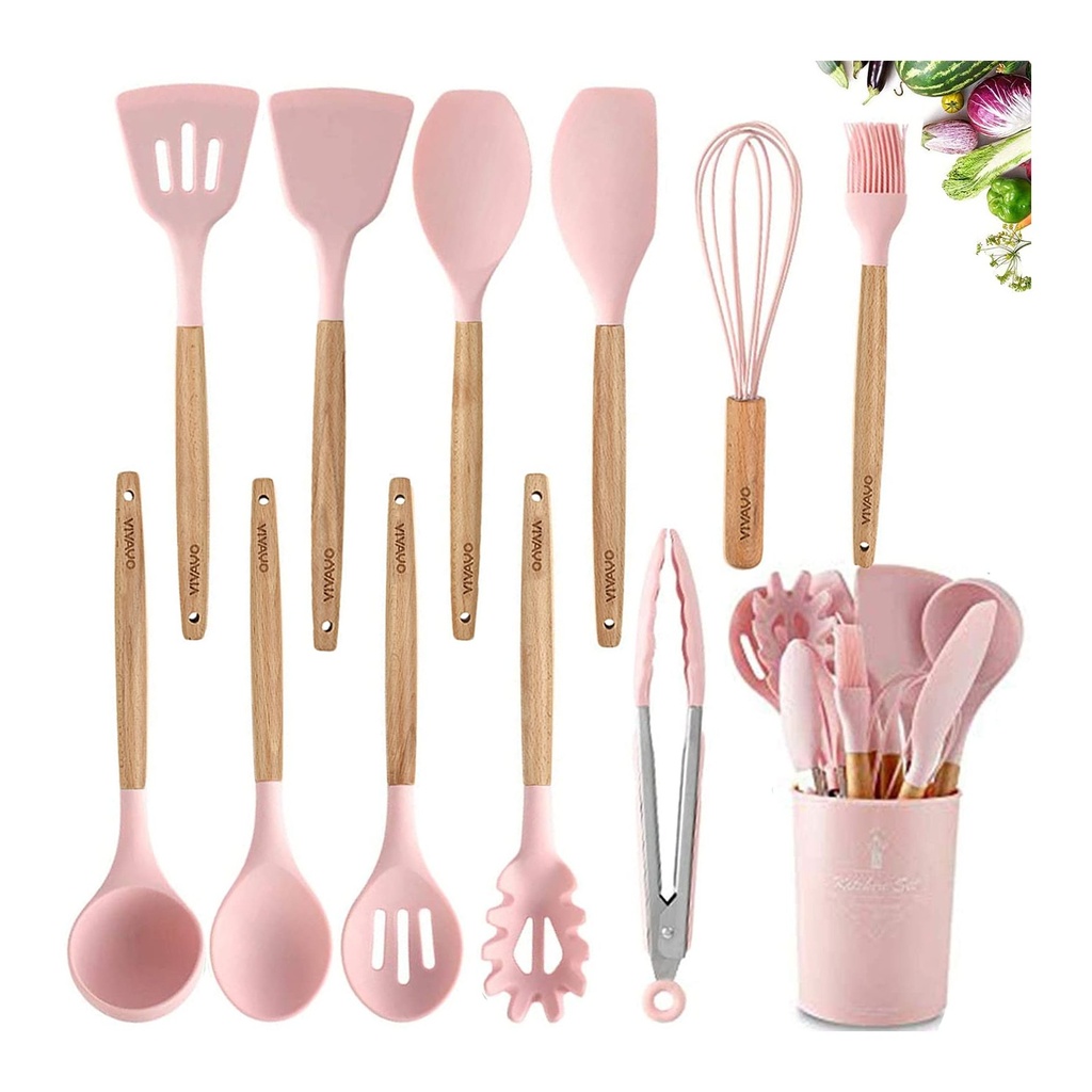 مجموعة أدوات مطبخ سيليكون 12 قطعة باللون الوردي مع مقابض خشبية وحامل –  مضرب، ملعقة، محول، ملقط، مضرب بيض، فرشاة دهان
