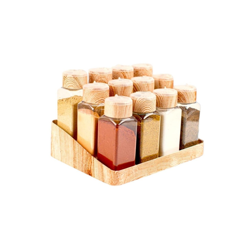 مجموعة أرفف توابل 12 قطعة مع برطمانات خشبية بغطاء للرخامة