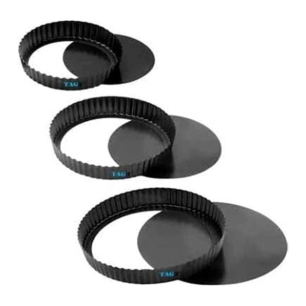 طقم قوالب تارت مفلطحة ٣ قطع - غير لاصقة - أسود -  لصنع الكيش والفاتح و التارت - سهلة الفك