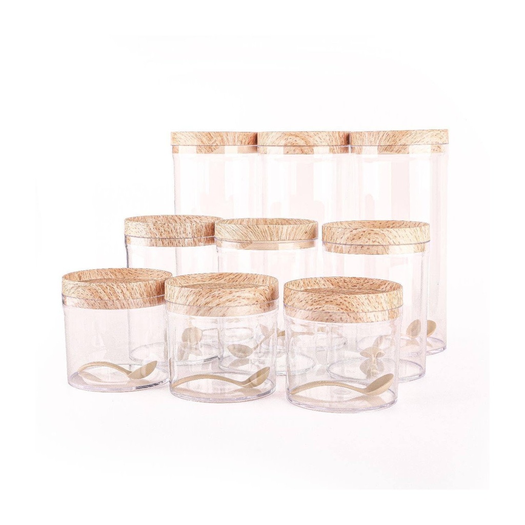 طقم برطمانات مطبخ مودرن - ٨ قطع، أكريليك شفاف مع أغطية و ملاقيح خشب - مثالي لسكر، قهوة، شاي، بهارات، و أكتر