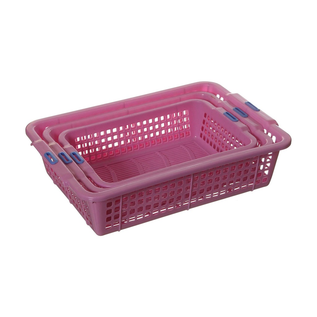 سلال بلاستيك وردية متداخلة - طقم ٣ قطع لتسوية المطبخ، المخزن، والحمام