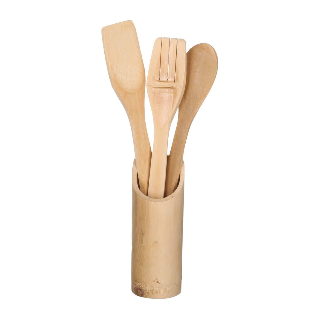 طقم أدوات مطبخ من الخيزران مع حامل - ٣ قطع: ملعقة، محماس، وشوكة خشبية للمطبخ