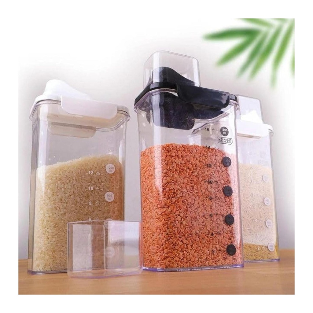 طقم أوعية حفظ طعام محكمة الغلق مع أكواب قياس -  أدوات تنظيم مطبخ بلاستيكية شفافة للحبوب، الأرز، الدقيق، السكر، و المزيد