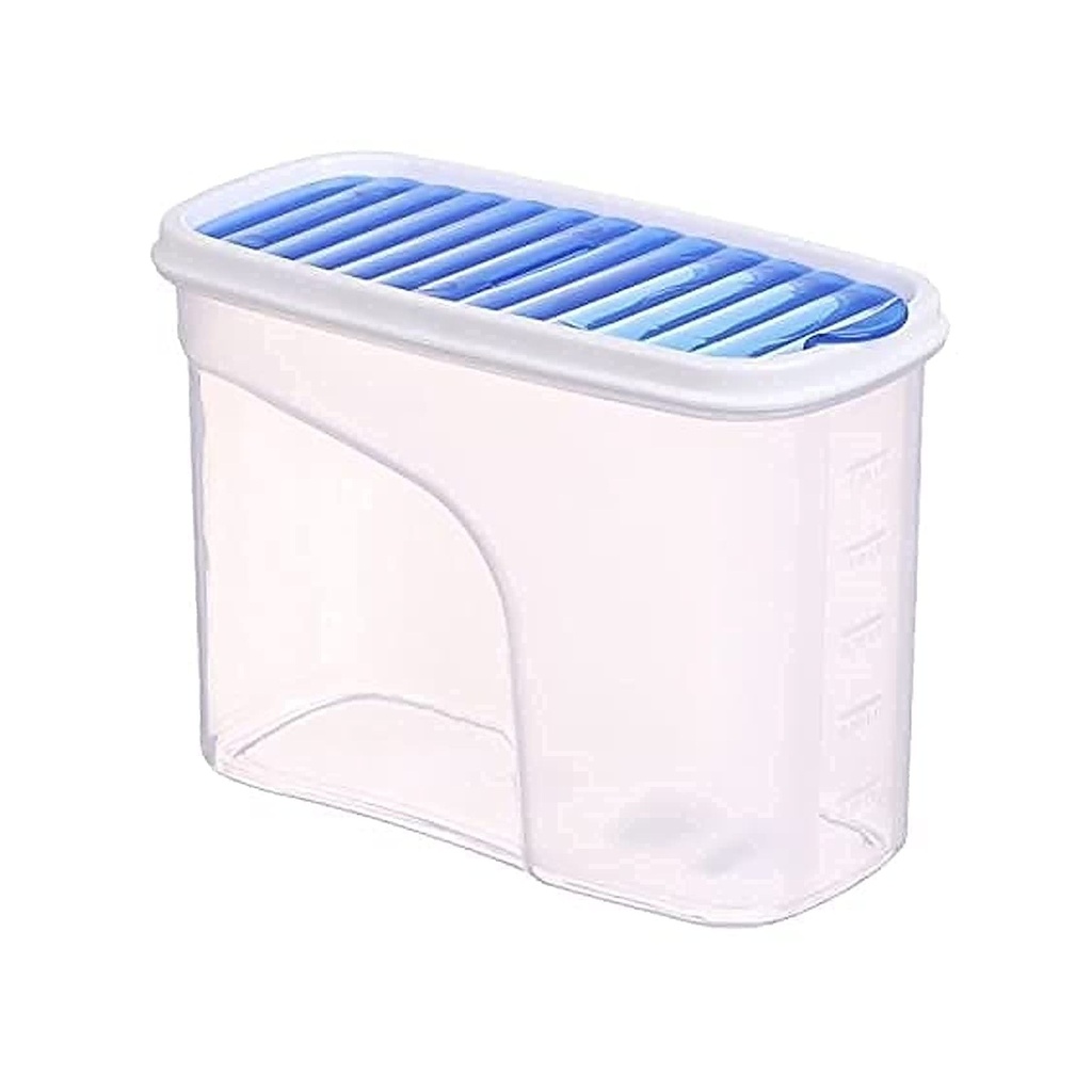 علبة تخزين طعام شفافة مع غطاء أزرق و موزع - مثالية للحبوب الجافة و البقوليات و الوجبات الخفيفة