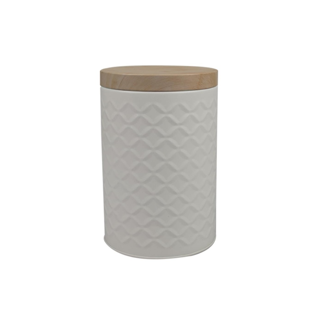 White Embossed Metal Kitchen Canister with Wooden Lid - 1.7 Liter Storage Jar for Tea, Coffee, Sugar, and Baking Supplies