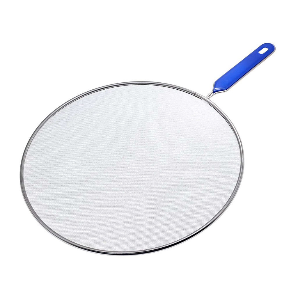 Stainless Steel Fine Mesh Splatter Screen with Blue Handle - Kitchen Frying Pan Cover for Grease and Oil Protection