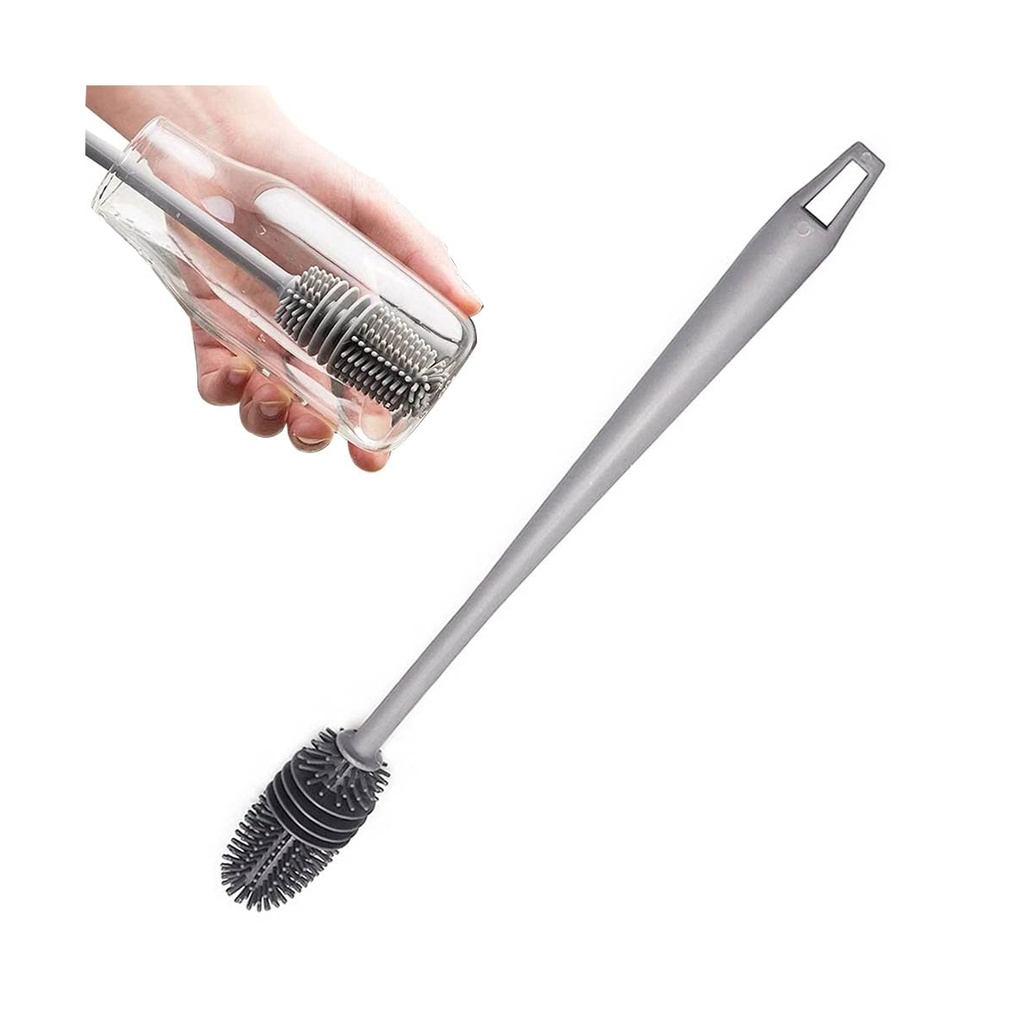 فرشاة تنظيف زجاجات الأطفال من السيليكون بمقبض طويل - تنظيف عميق للزجاجات، الأكواب، الترمسات، وأكثر (رمادي)