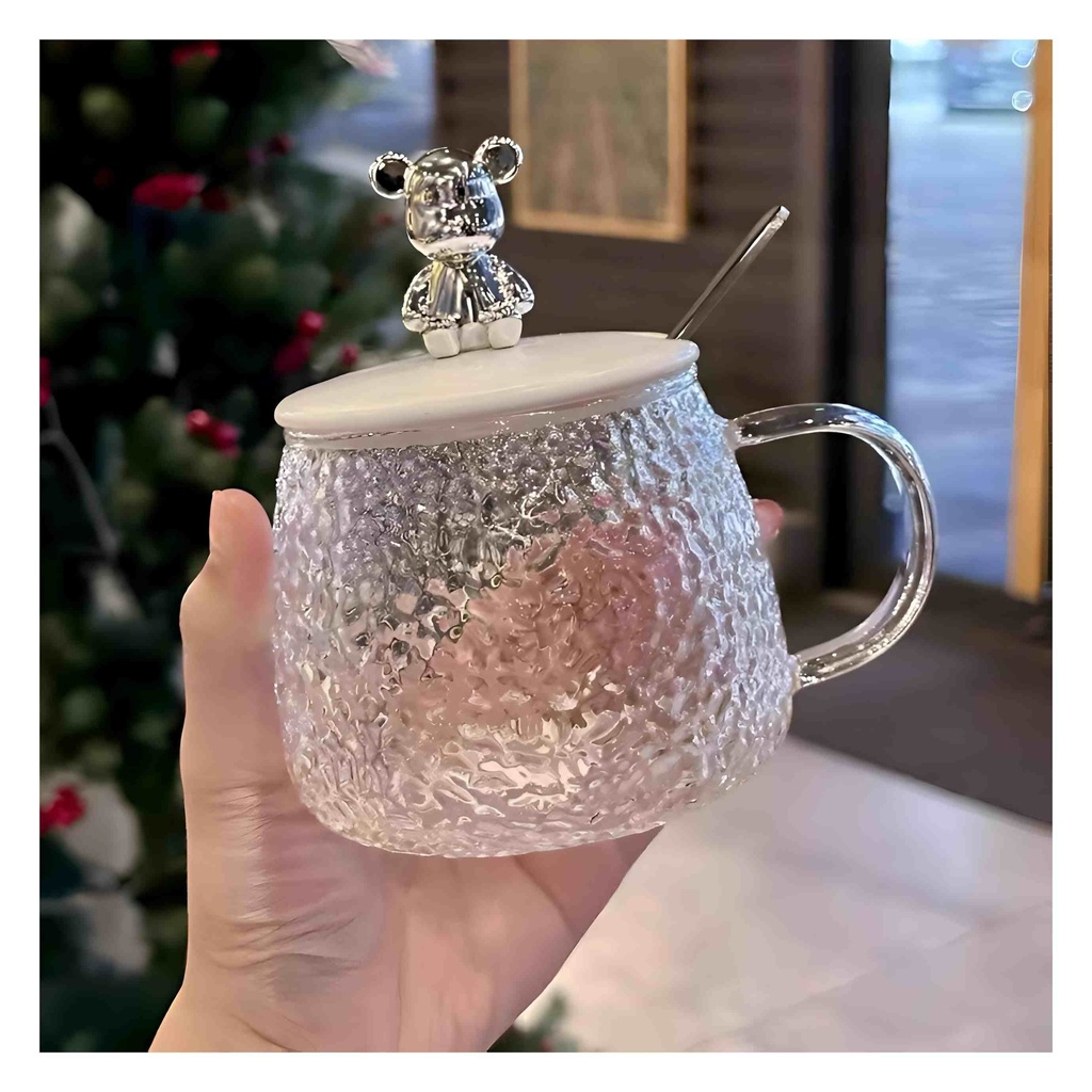 كوب زجاج بتصميم دببة تحفة، ٣٠٠ مل، كوب قهوة/شاي زجاج منقوش بملعقة مدمجة