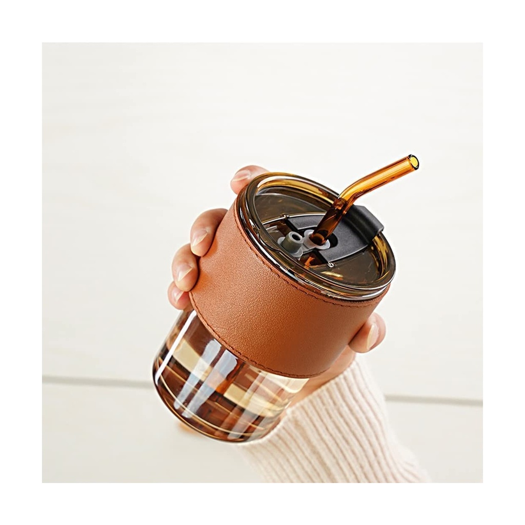 Stylish Glass Travel Mug with Leather Sleeve, Straw & Lid - 435ml Capacity, Perfect for Coffee, Tea & More