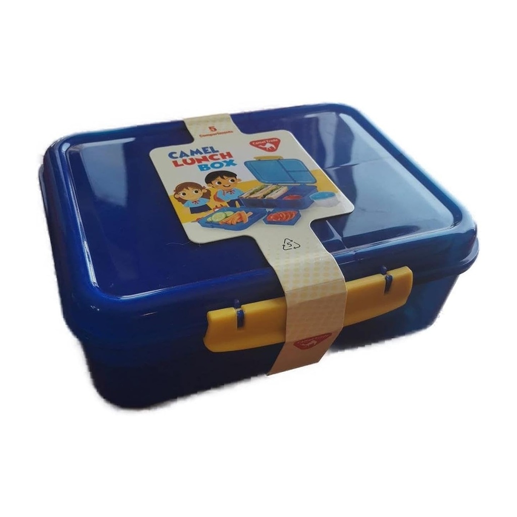 شنطة غداء اطفال ٥ مقصورات مع علبة زبادى - لون أزرق بمقبض أصفر - مانعة للتسريب وخالية من مادة BPA