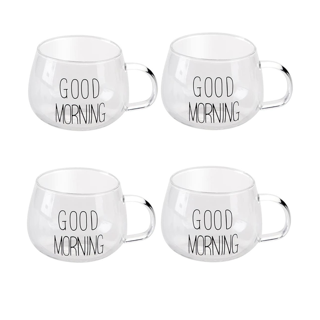 طقم فناجيل زجاج شفاف ٤ قطع، نقش "صباح الخير" - تصميم عصري للقهوة، الشاي، والمشروبات الساخنة