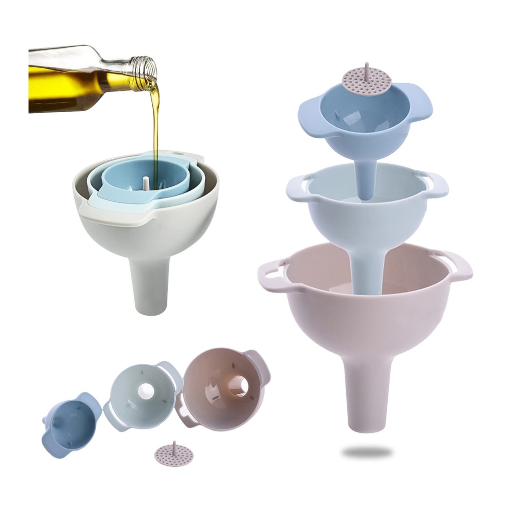 3-Piece Nesting Funnels Set with Removable Strainer – Wide Mouth Plastic Funnels for Kitchen, Oil, Liquids, Food, Powder