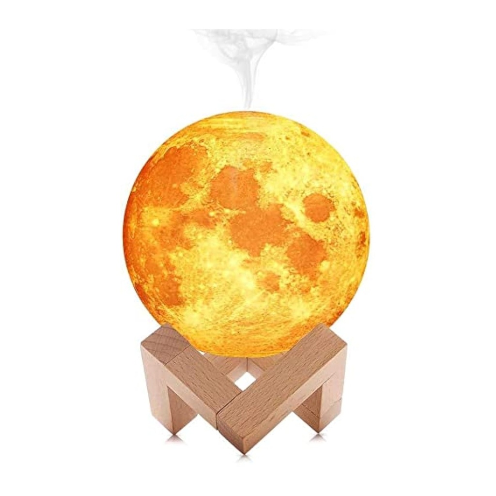 مصباح قمر ثلاثي الأبعاد مع مُرطب هواء: مُبخر أرومات فوق صوتي مع زيوت عطرية، ضوء ليلي، وحامل خشبي