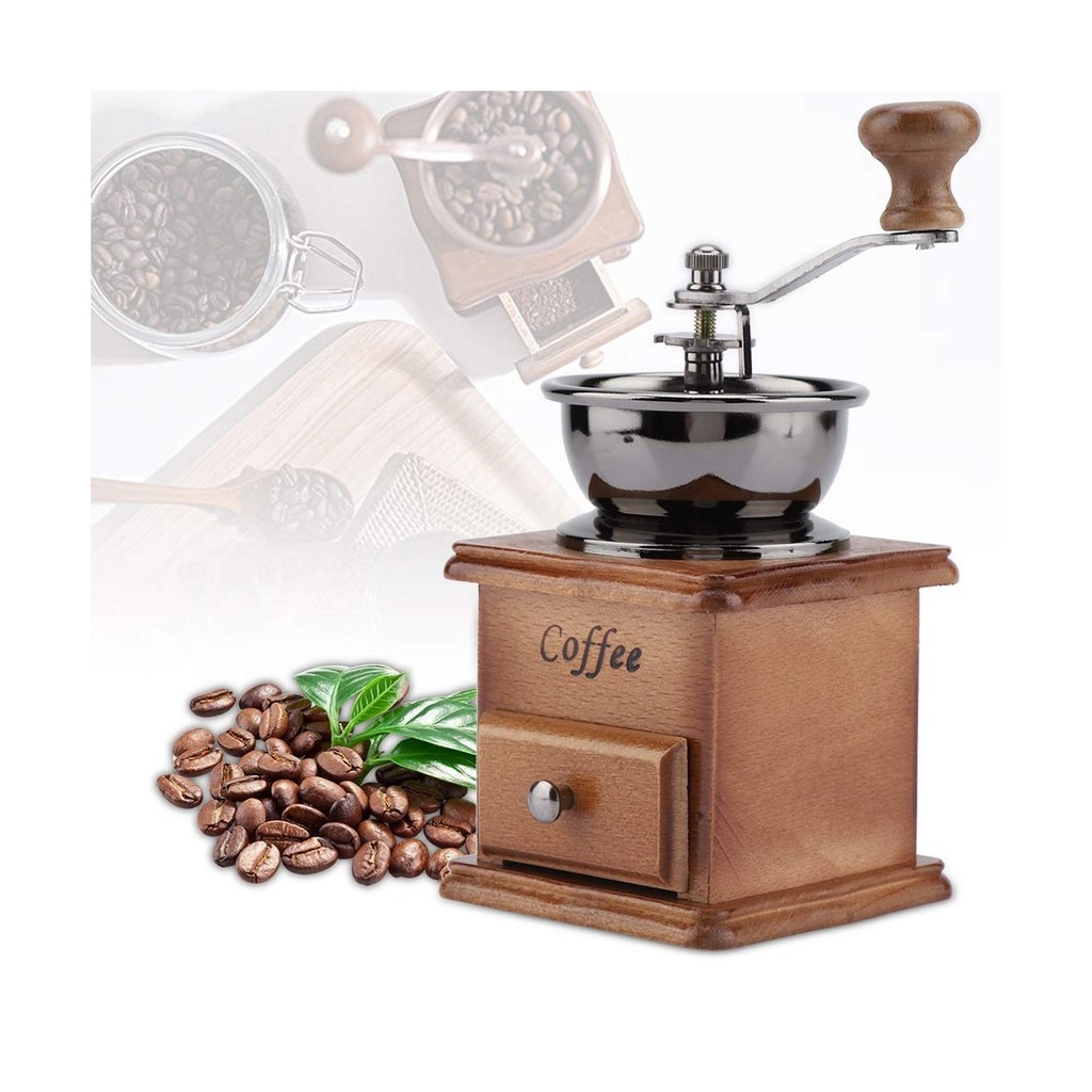 مطحنة قهوة يدوية - مطحنة خشبية عتيقة لطحن القهوة بدقة في البيت، المكتب، أو السفر
