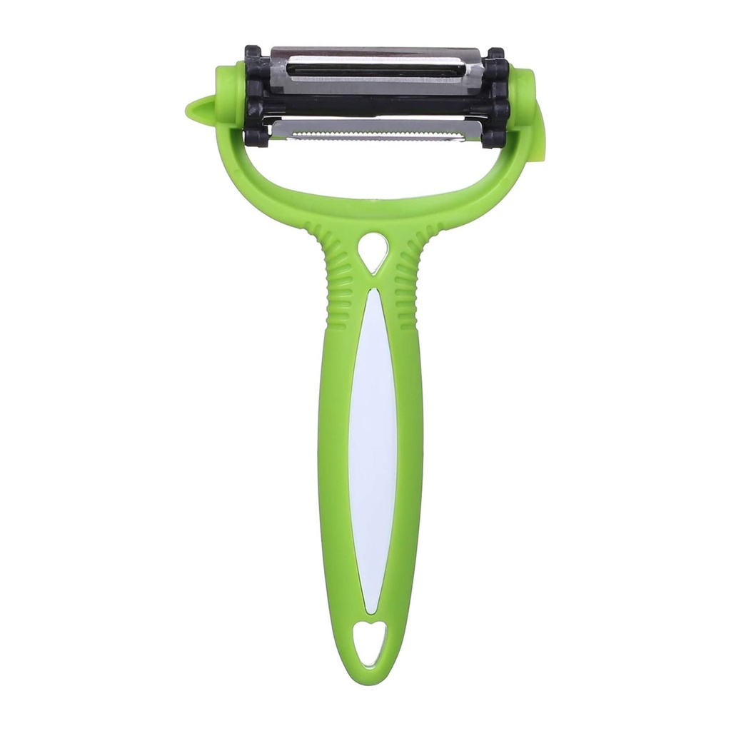 مقشرة خضار ٣ في ١ بمقبض أرغونوميك أخضر وأبيض – أداة مطبخ فعّالة للفاكهة والخضار