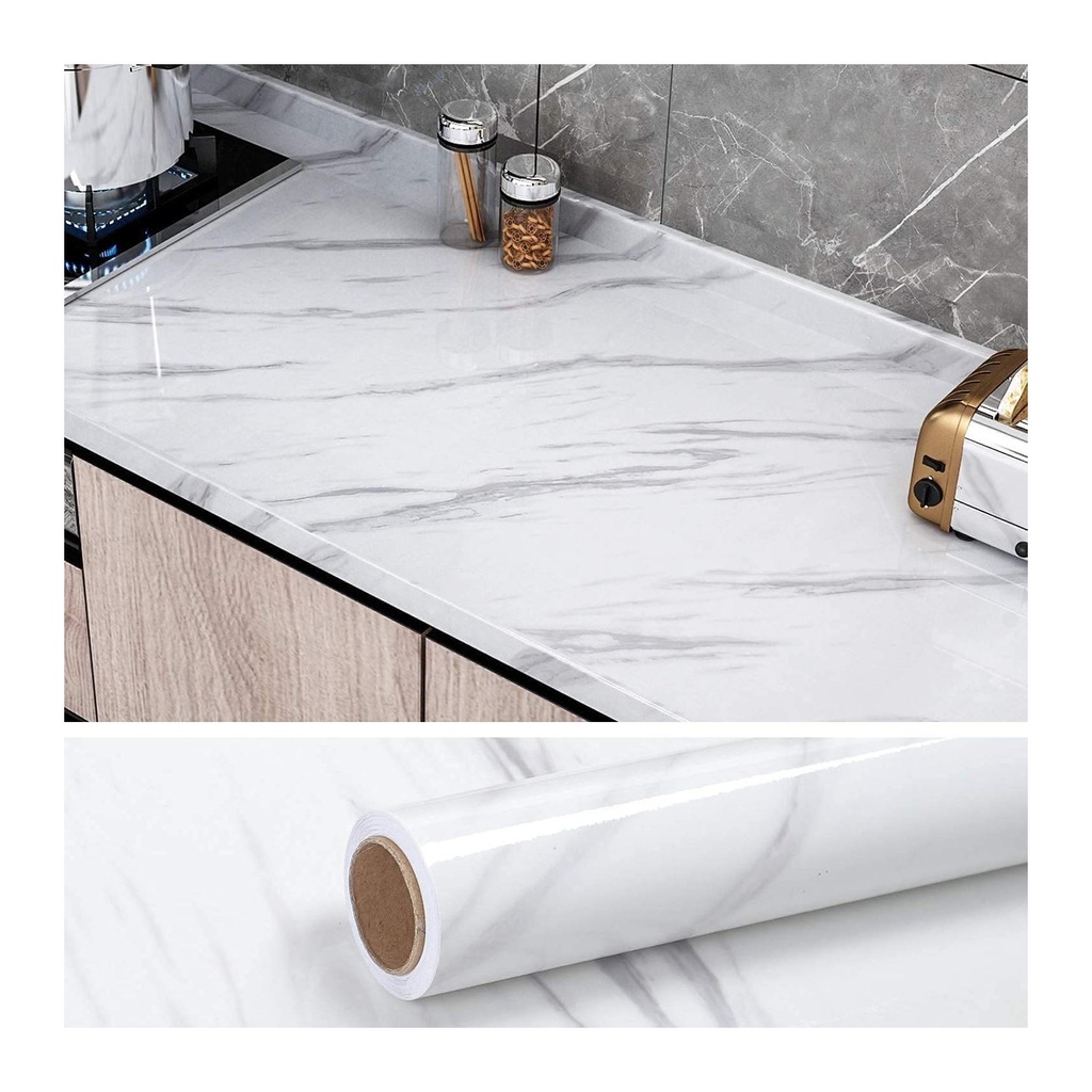 ورق حائط ملمس رخام أبيض فاخر - ذاتي اللصق،  للمطبخ و الخزائن،  فينيل مقاوم للماء و الزيت، مقاس ٦٠ سم × ٥٠٠ سم