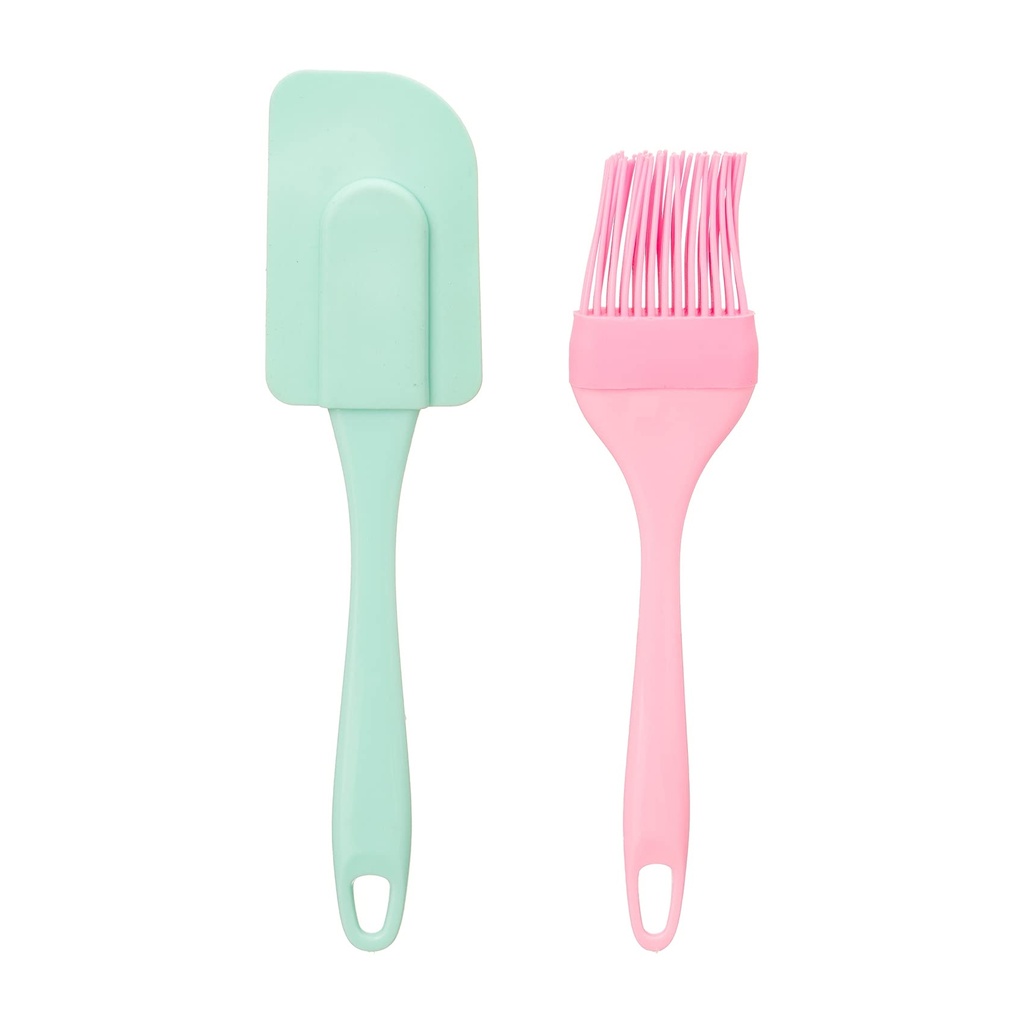 Mint Green Silicone Spatula and Pink Silicone Pastry Brush Set - Perfect Baking Tools for Kitchen