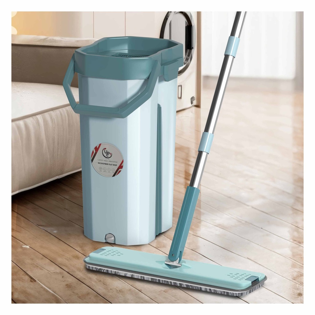Effortless Spin Mop and Bucket System with Microfiber Flat Mop Head for Easy Floor Cleaning