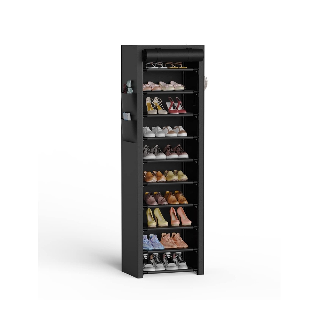 10-Tier Black Fabric Shoe Rack Organizer: Closet Storage for 20+ Pairs of Shoes, with Top Shelf and Side Pockets