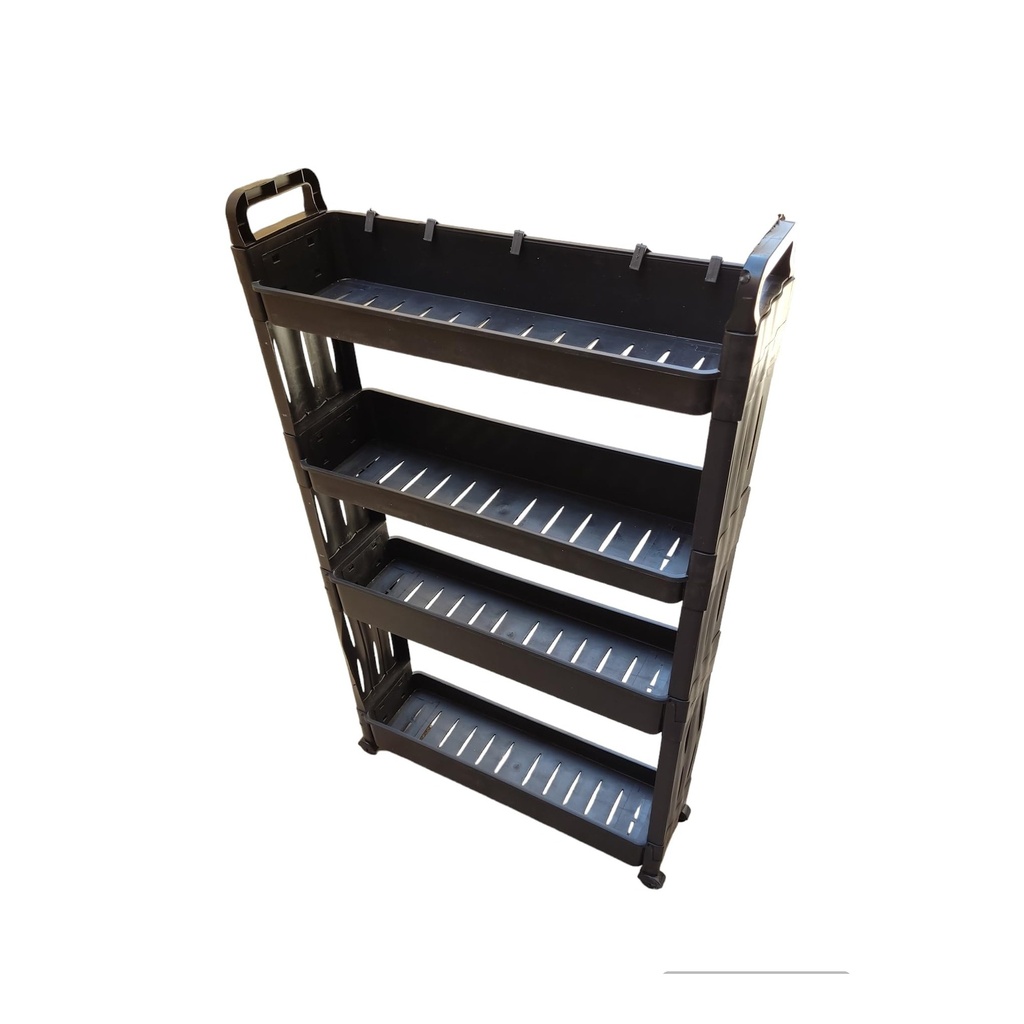 رف تخزين متعدد الأدوار للمطبخ والحمام من البلاستيك الأسود، ٤ أدوار، بعجلات ومقبض