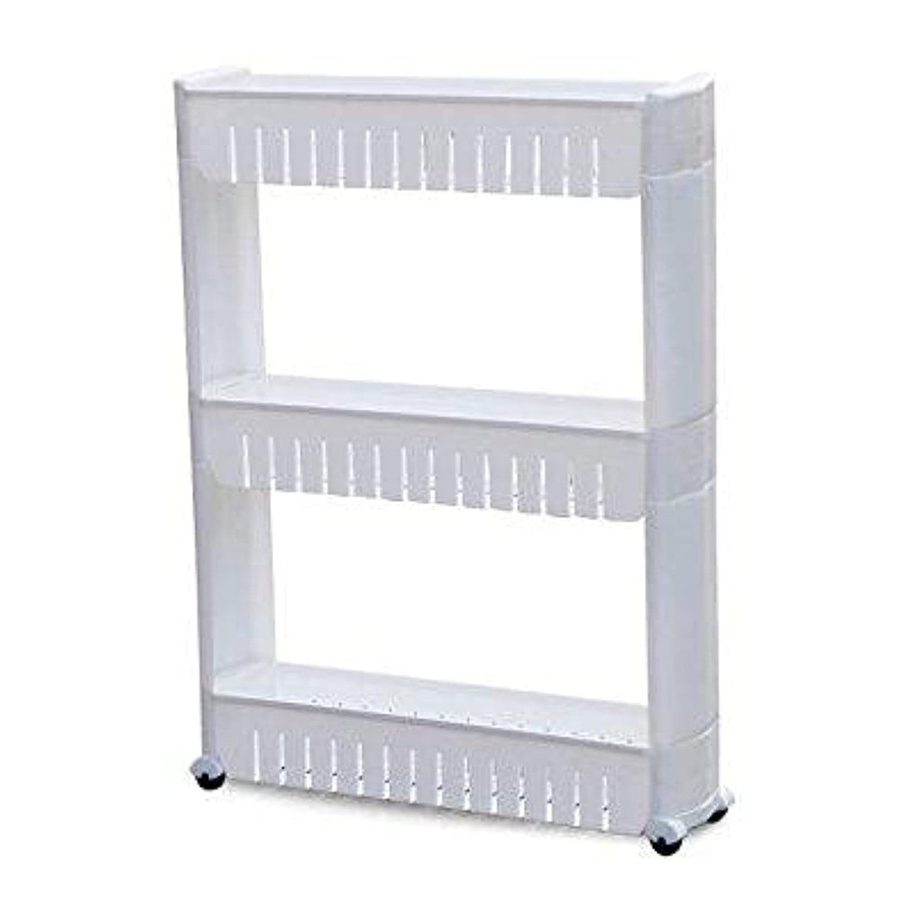 عربة تخزين بيضاء رفيعة بثلاث أدراج، على عجلات، للمطبخ والحمام والبوفيه