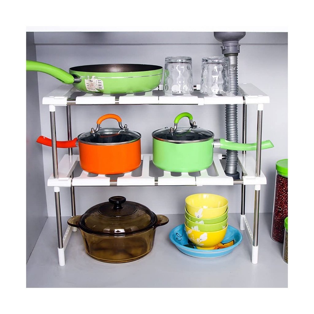 رف  تنظيم تحت الحوض قابل للتمدد، 2 طبقه - رف مطبخ من الاستانلس ستيل لتخزين الأواني، المقالي، والأطباق