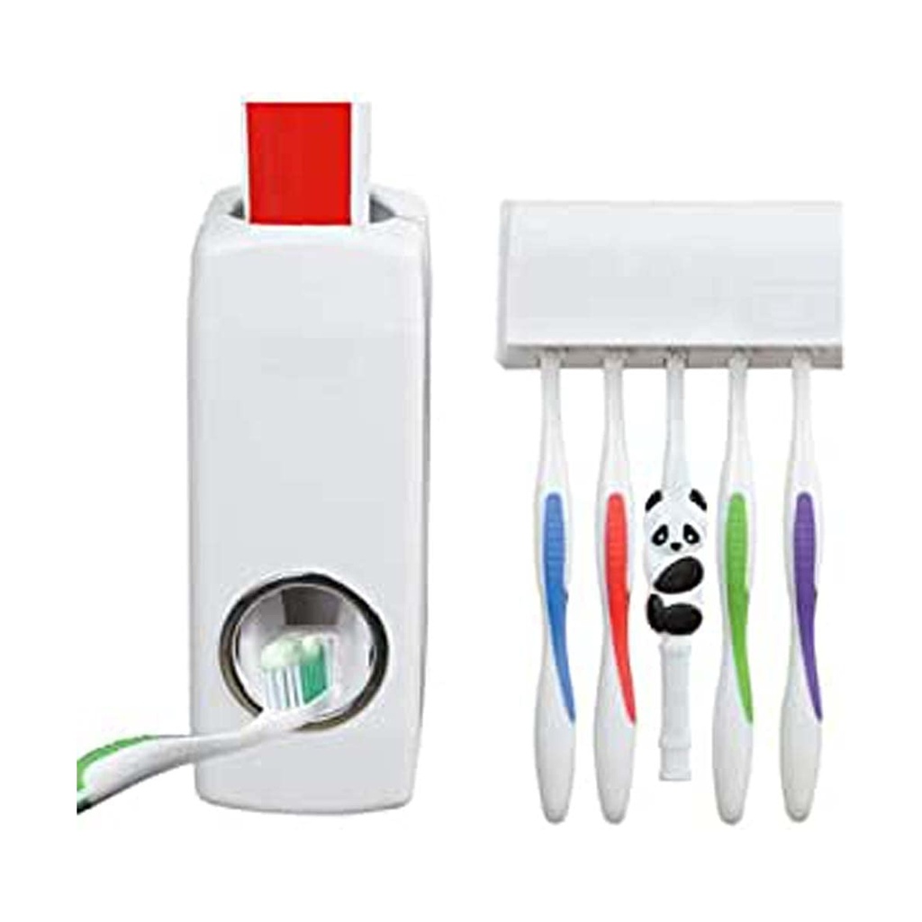 موزّع معجون أسنان أوتوماتيكي وحامل فرش أسنان (٥ فرش) -  منظم حمام للحائط للعائلة