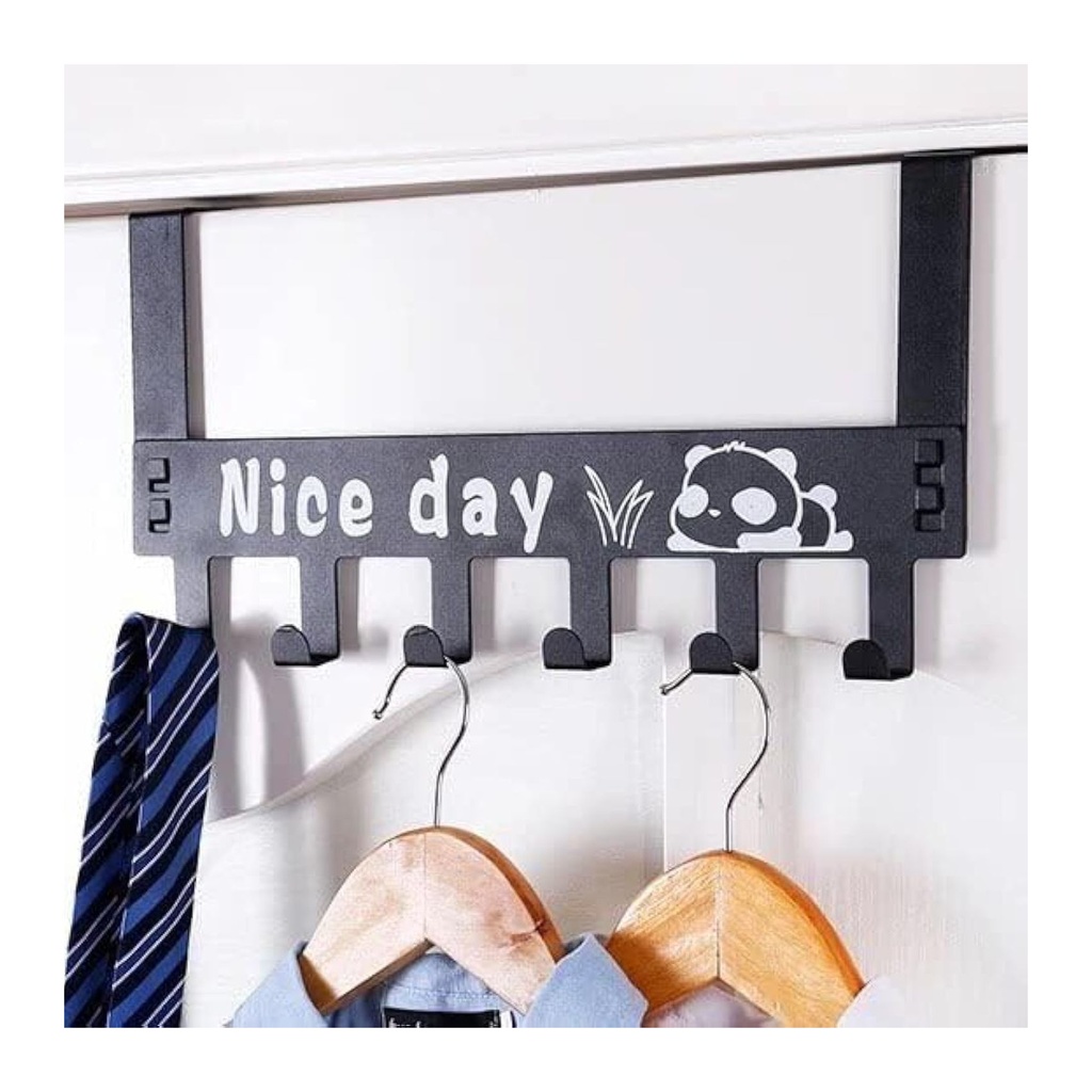 شماعة باب ٦ خطاطيف بتصميم باندا - منظم خزانة ملابس معدني أسود لملابس و ربطات عنق و اكسسوارات