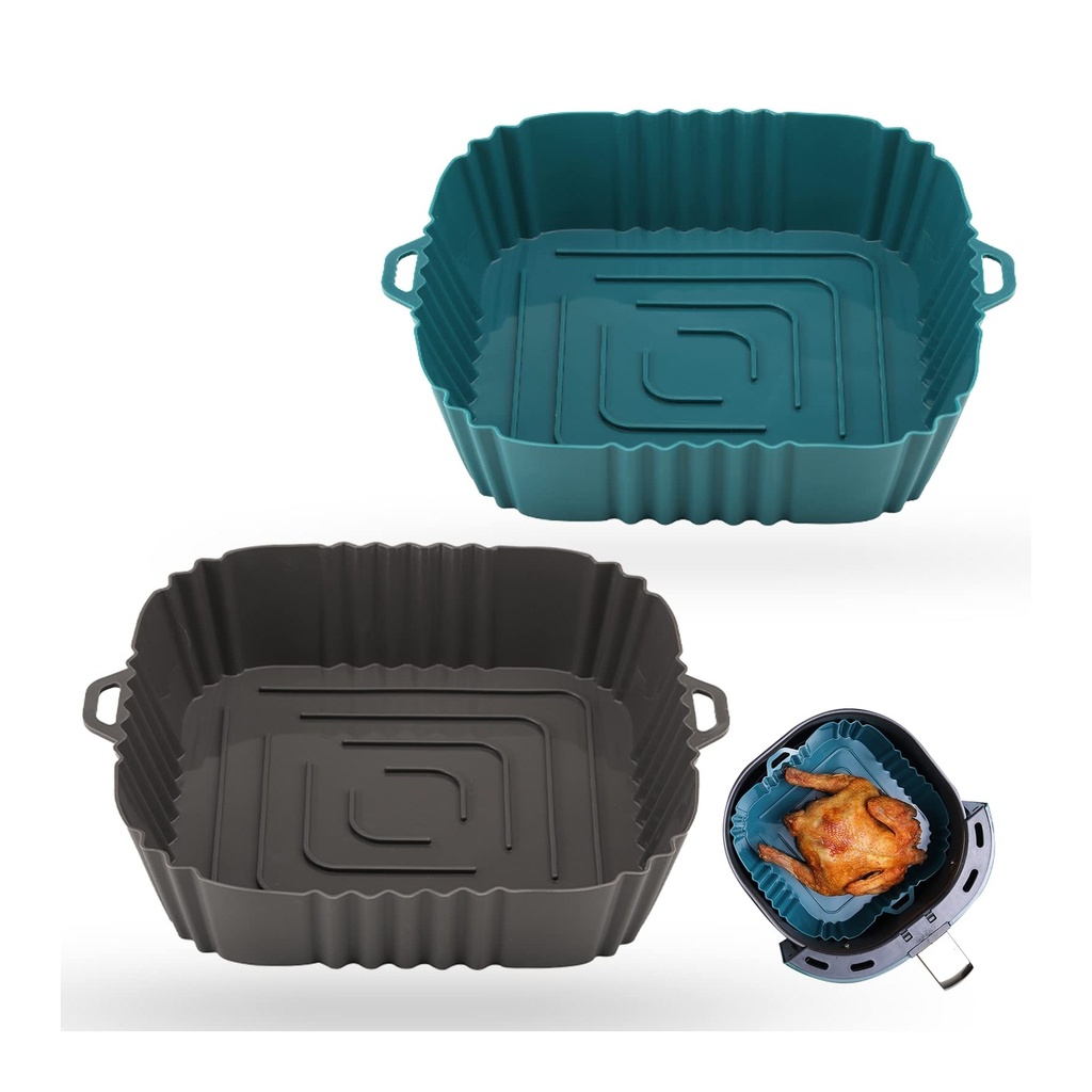 طقم ٢ قطعة من أكياس السيليكون القابلة لإعادة الاستخدام - غير لاصقة، سهلة التنظيف، لون أزرق غامق ورمادي،  لأجهزة قلي الهواء،  للطبخ الصحي