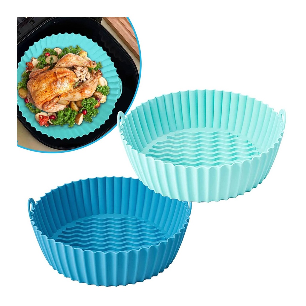 2-Pack Reusable Silicone Air Fryer Liners - 8.5 Inch Non-Stick Pots for 3.6-6.8QT Air Fryers, Easy Cleanup, Teal & Blue